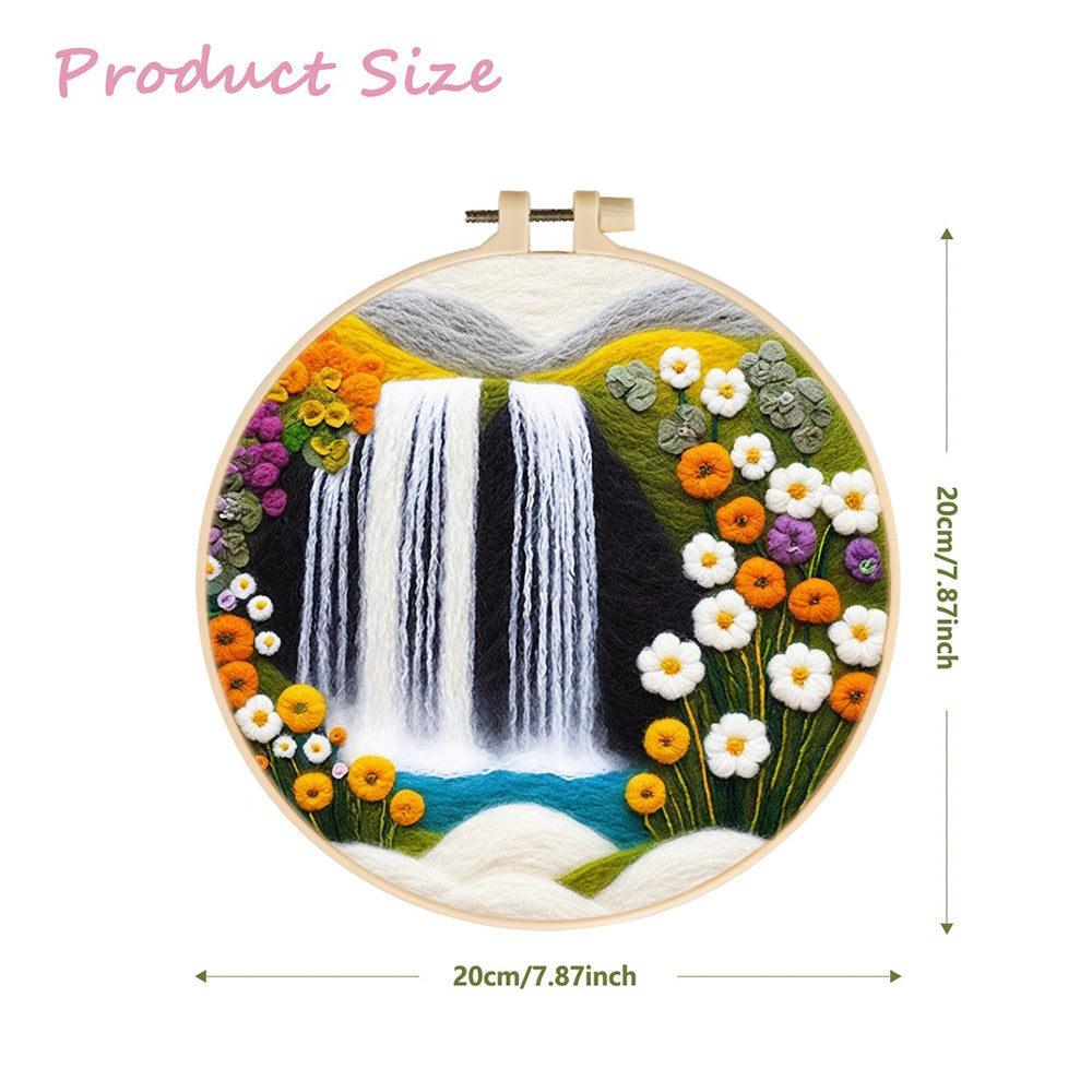 Gentle Waterfall With Blooming Flowers Wool Needle Felting Painting Kit
