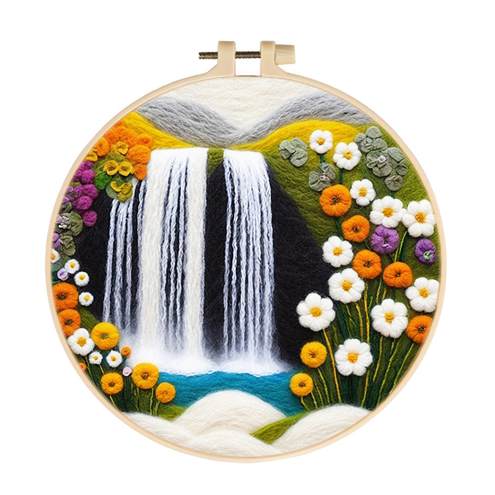 Gentle Waterfall With Blooming Flowers Wool Needle Felting Painting Kit