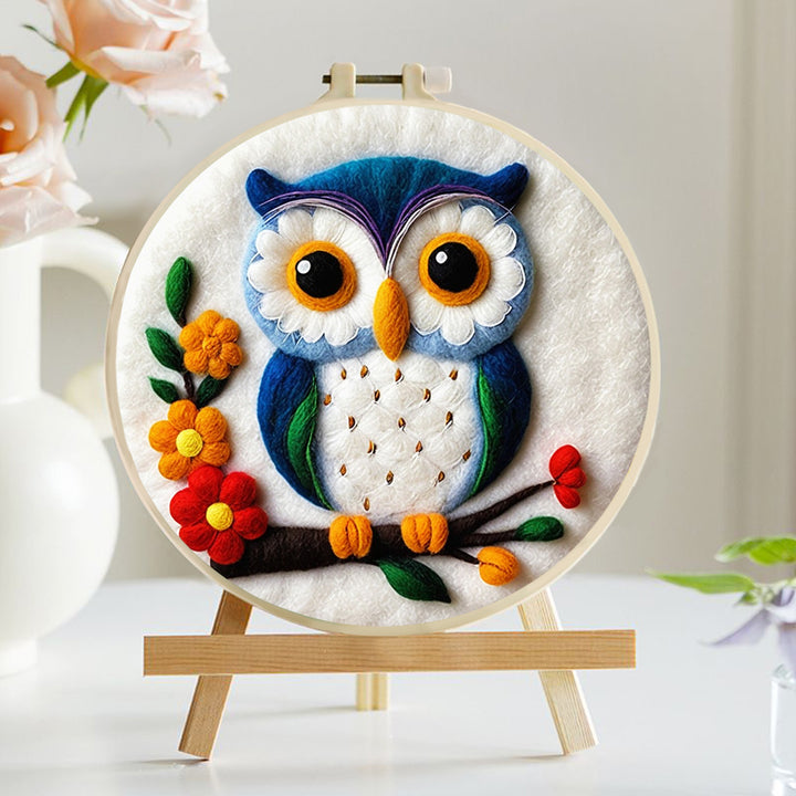 Owl Sitting on a Branch with Vibrant Blooms Wool Needle Felting Painting Kit