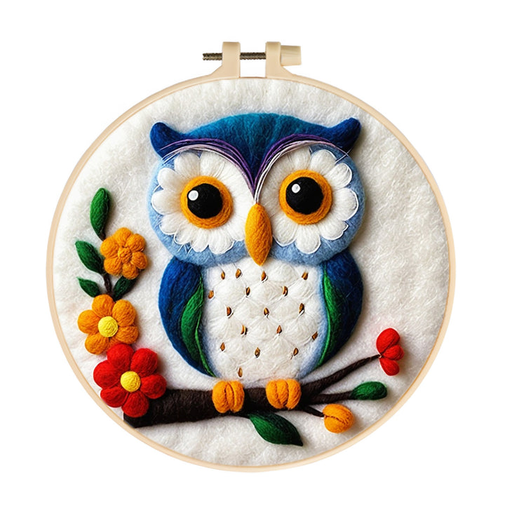 Owl Sitting on a Branch with Vibrant Blooms Wool Needle Felting Painting Kit