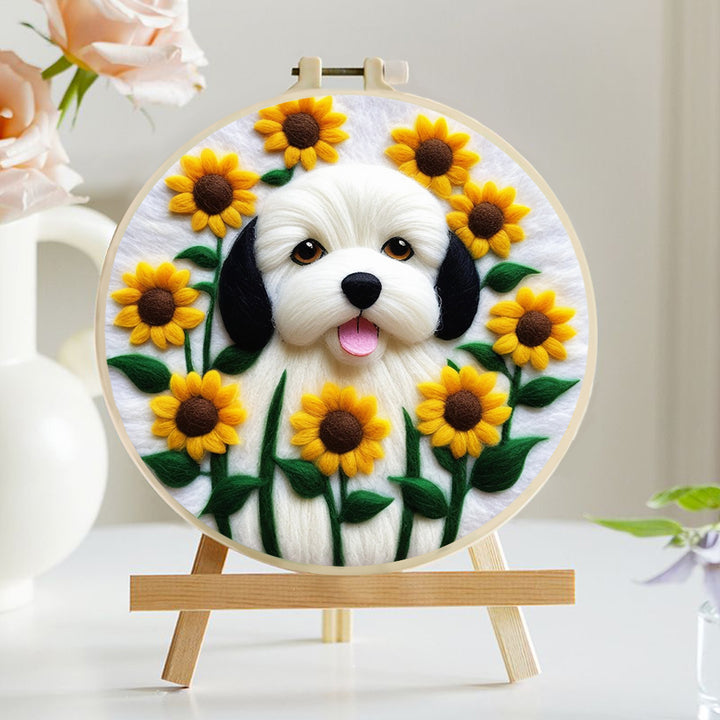 Charming Dog in a Field of Sunflowers Wool Needle Felting Painting Kit