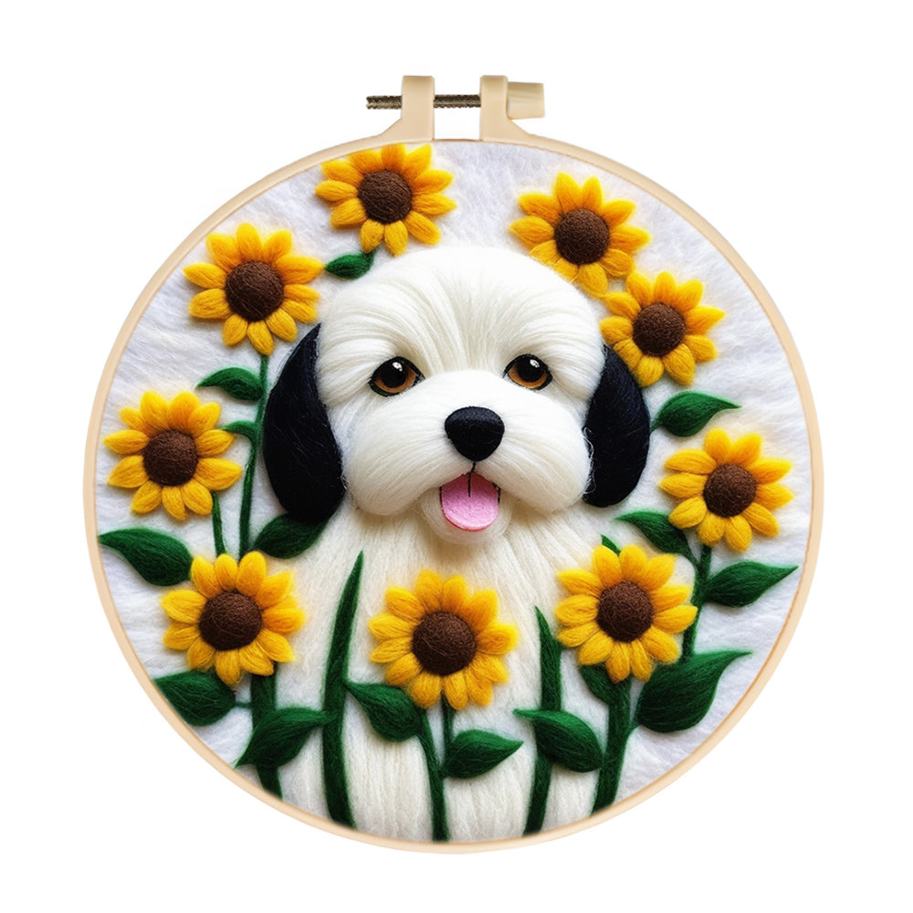 Charming Dog in a Field of Sunflowers Wool Needle Felting Painting Kit