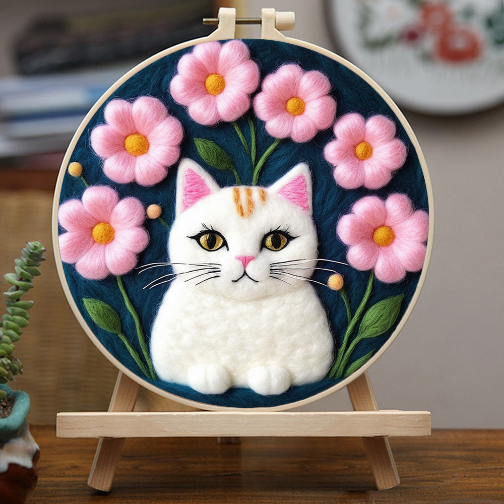 Cute Cat Surrounded By Pink Flowers Wool Needle Felting Painting Kit