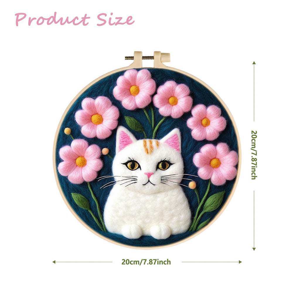 Cute Cat Surrounded By Pink Flowers Wool Needle Felting Painting Kit