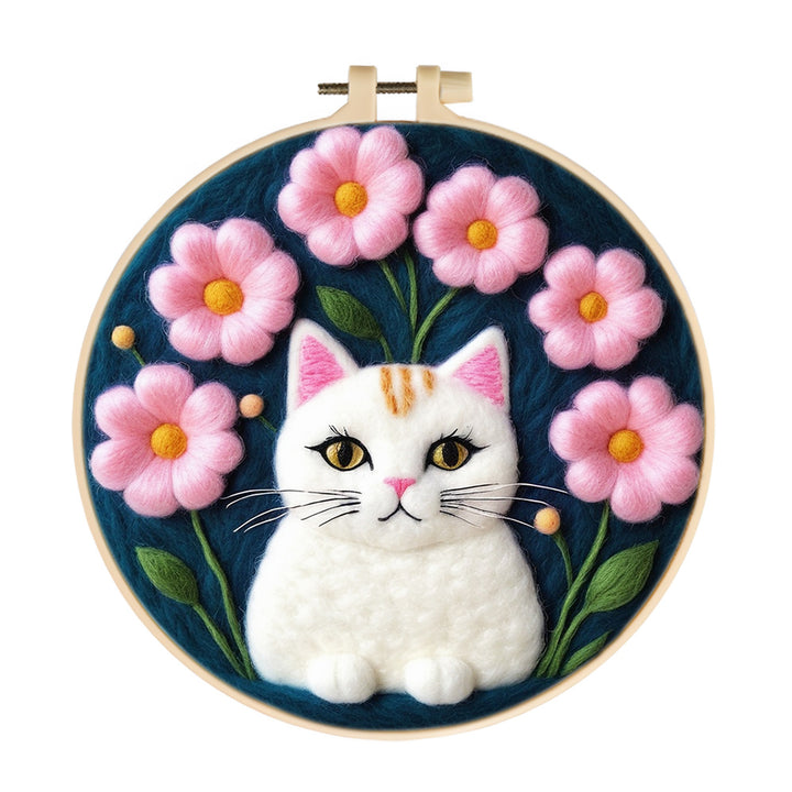 Cute Cat Surrounded By Pink Flowers Wool Needle Felting Painting Kit