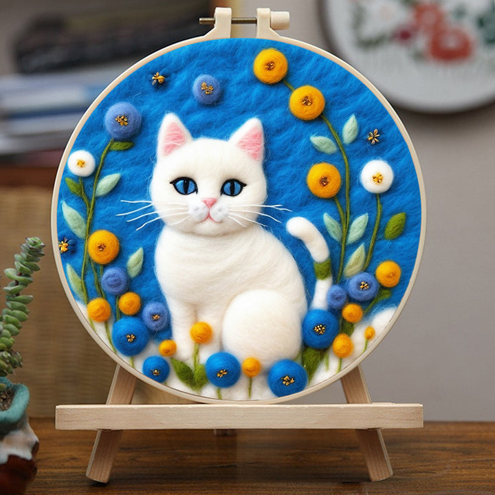 Soft White Cat Among Flowers Wool Needle Felting Painting Kit