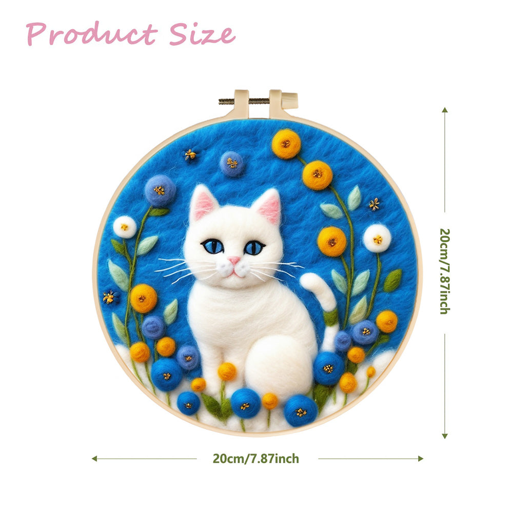 Soft White Cat Among Flowers Wool Needle Felting Painting Kit