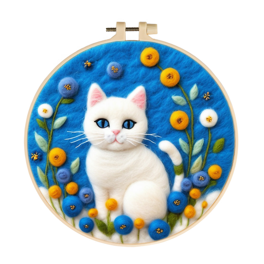 Soft White Cat Among Flowers Wool Needle Felting Painting Kit