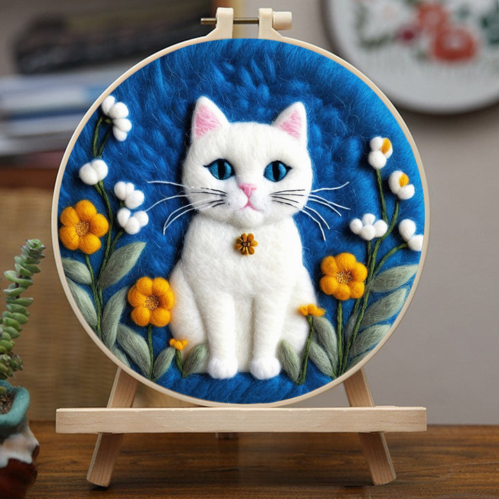 Calm White Cat With Blossoms Wool Needle Felting Painting Kit
