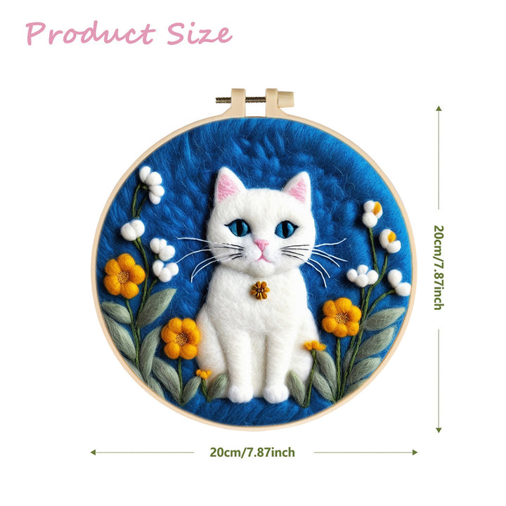 Calm White Cat With Blossoms Wool Needle Felting Painting Kit