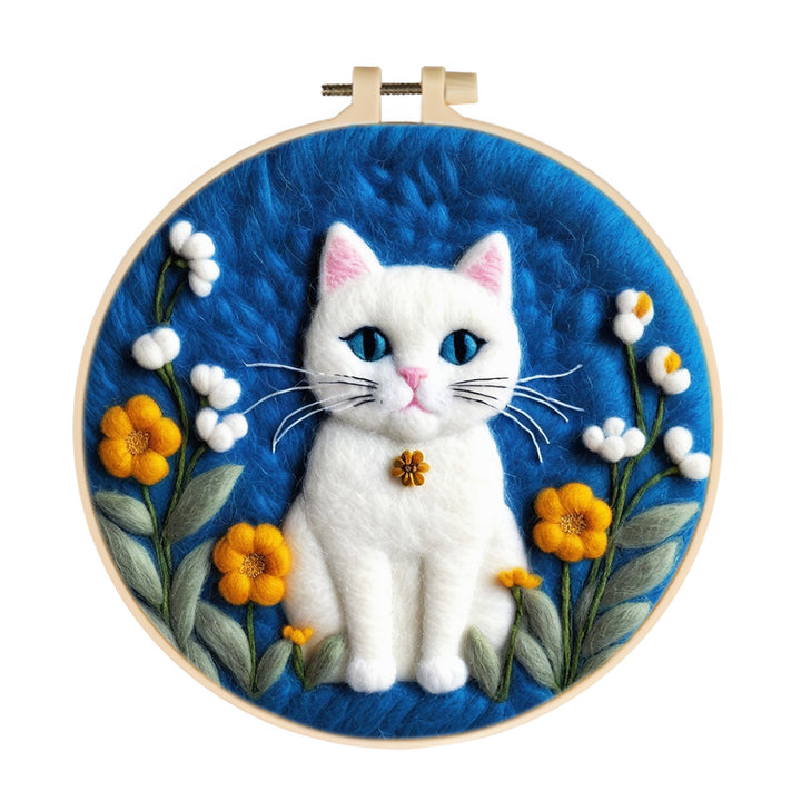 Calm White Cat With Blossoms Wool Needle Felting Painting Kit
