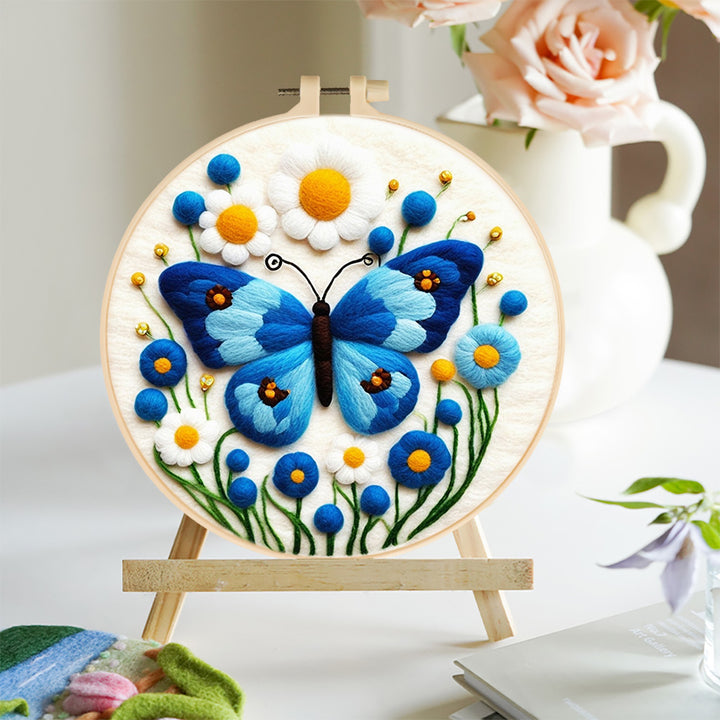 Blue Butterfly and Flowers Wool Needle Felting Painting Kit