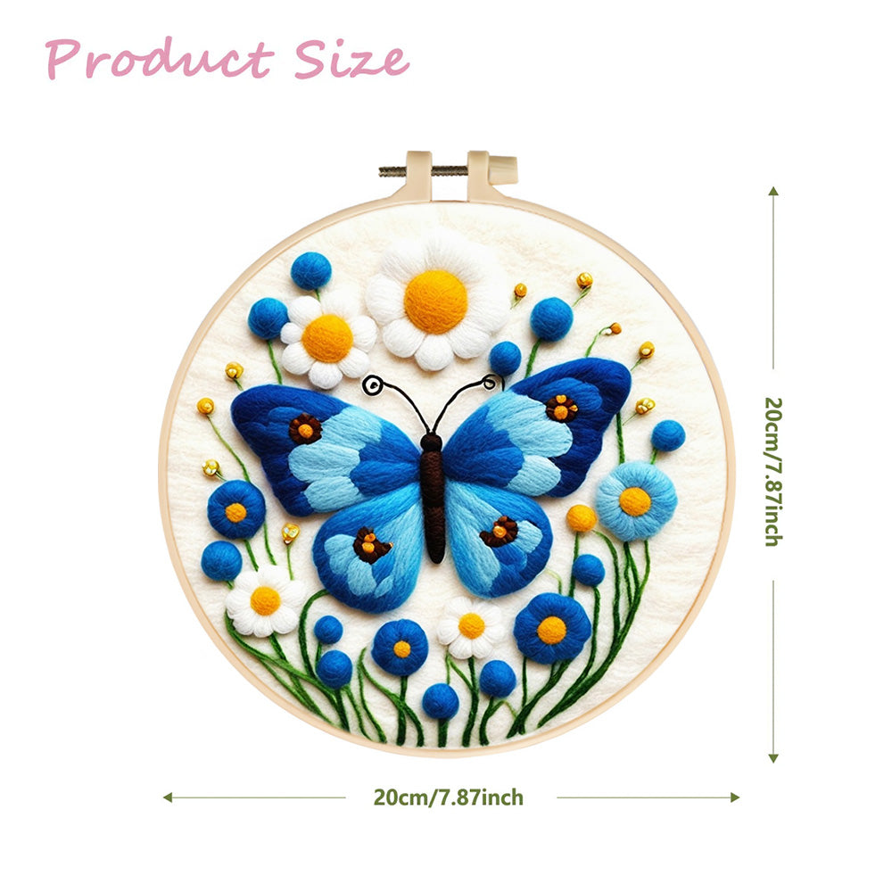 Blue Butterfly and Flowers Wool Needle Felting Painting Kit