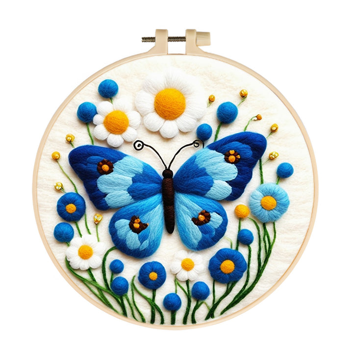 Blue Butterfly and Flowers Wool Needle Felting Painting Kit