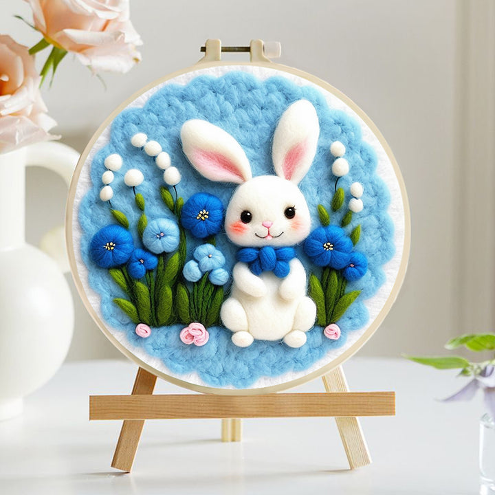 Adorable Rabbit Surrounded by Blue Flowers Wool Needle Felting Painting Kit