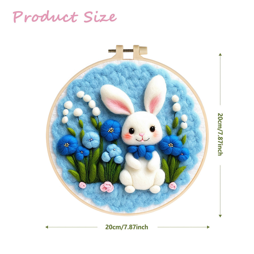 Adorable Rabbit Surrounded by Blue Flowers Wool Needle Felting Painting Kit