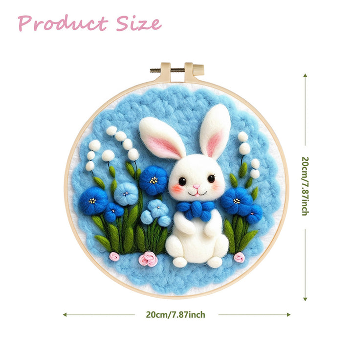 Adorable Rabbit Surrounded by Blue Flowers Wool Needle Felting Painting Kit