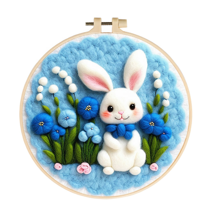 Adorable Rabbit Surrounded by Blue Flowers Wool Needle Felting Painting Kit