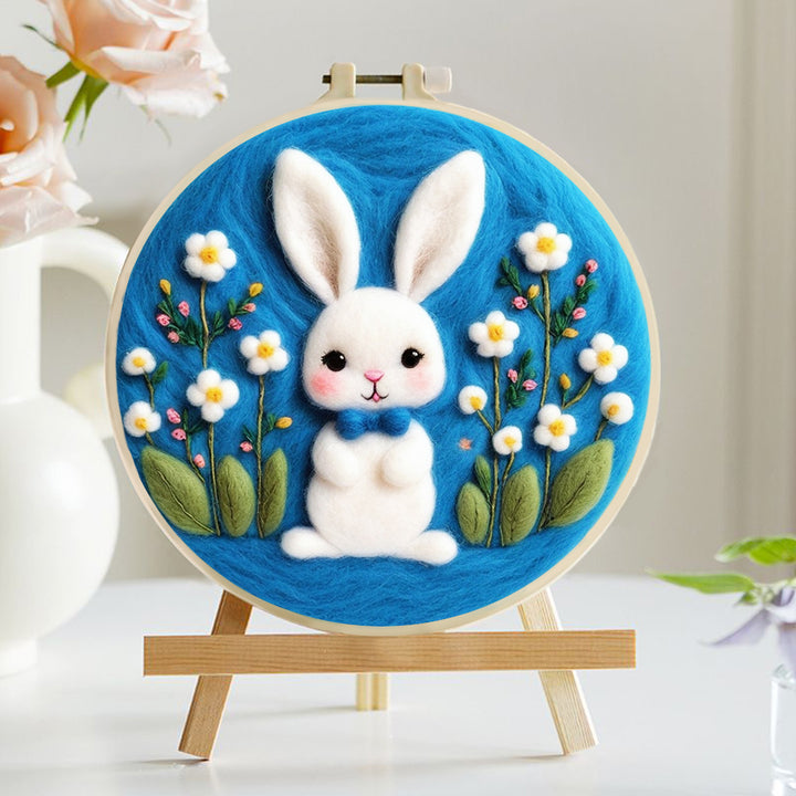 Cute Rabbits and White Flowers Wool Needle Felting Painting Kit