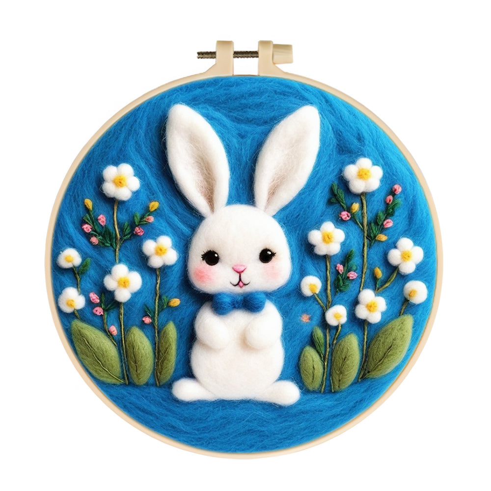 Cute Rabbits and White Flowers Wool Needle Felting Painting Kit