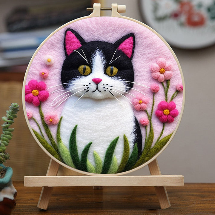 Delicate Black White Cat And Flowers Wool Needle Felting Painting Kit