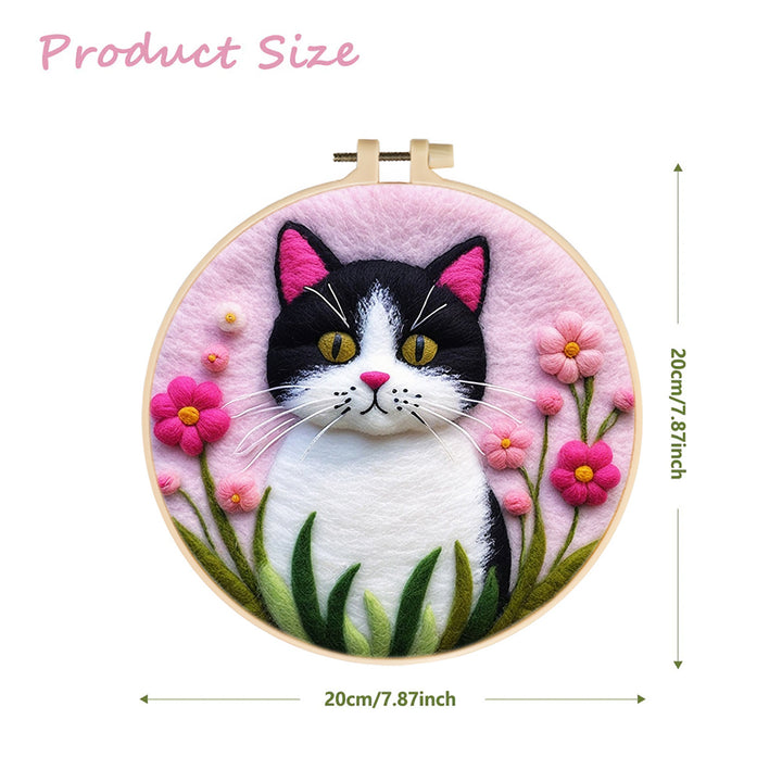 Delicate Black White Cat And Flowers Wool Needle Felting Painting Kit