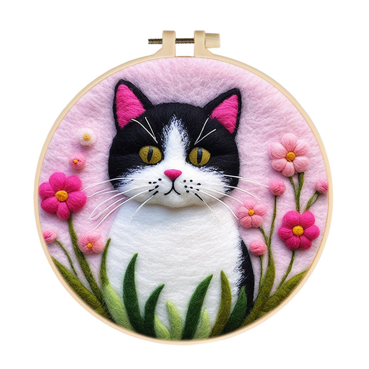 Delicate Black White Cat And Flowers Wool Needle Felting Painting Kit