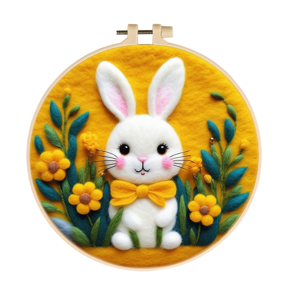 Rabbits with Bright Yellow Flowers Wool Needle Felting Painting Kit