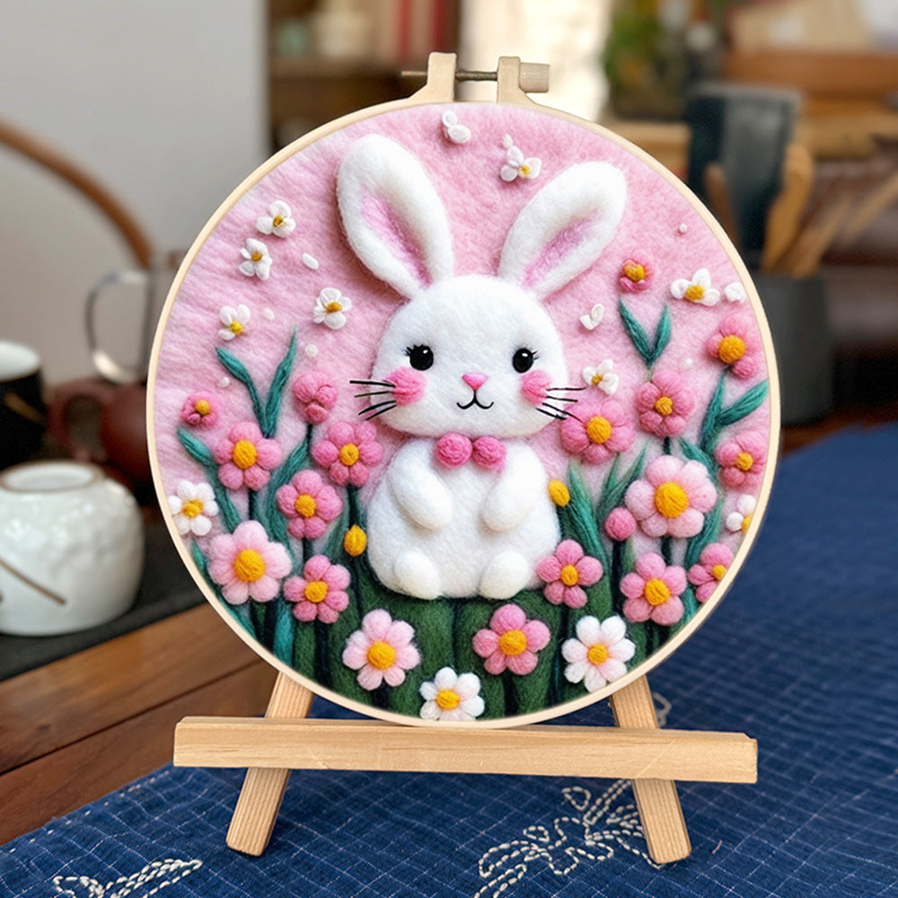 White Rabbit among Pink Flowers Wool Needle Felting Painting Kit