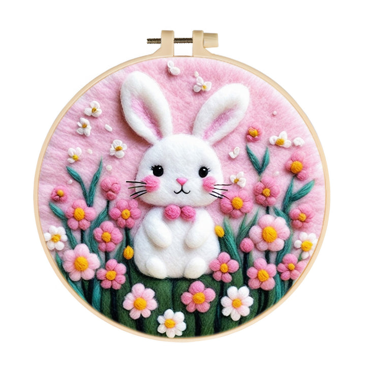 White Rabbit among Pink Flowers Wool Needle Felting Painting Kit