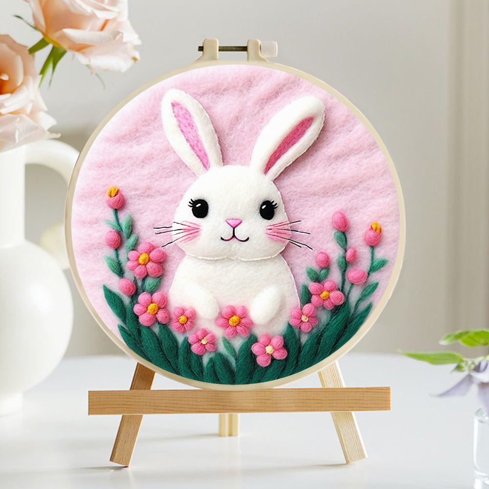 Sweet Rabbits Among Pink Blooms Wool Needle Felting Painting Kit