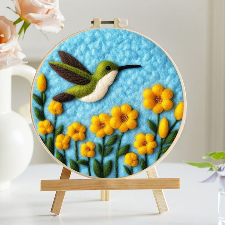 Hummingbird and Yellow Flowers Wool Needle Felting Painting Kit