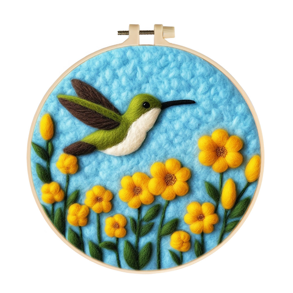 Hummingbird and Yellow Flowers Wool Needle Felting Painting Kit