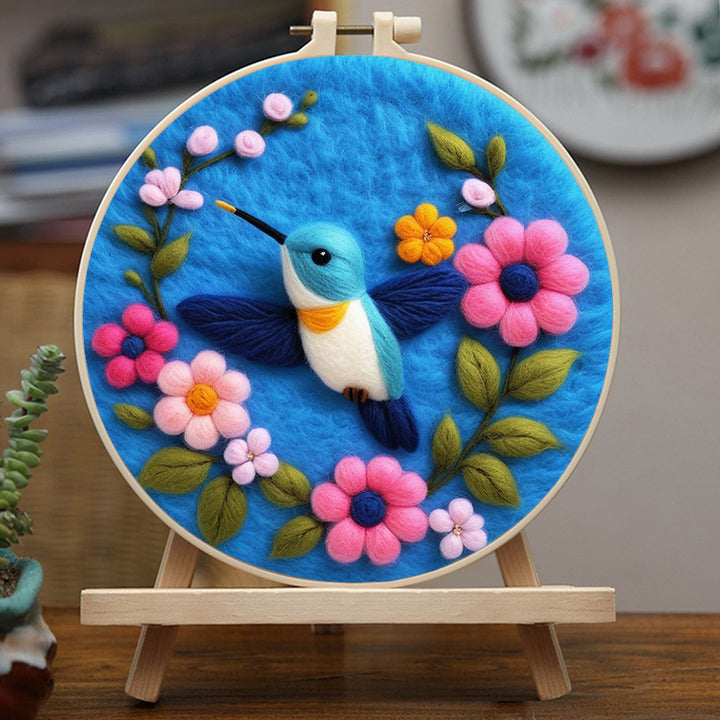 Small Hummingbird Surrounded by Blossoms Wool Needle Felting Painting Kit