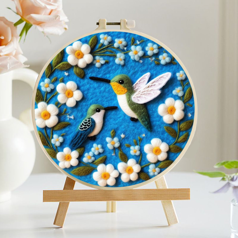 Hummingbirds Hover Among White Flowers Wool Needle Felting Painting Kit