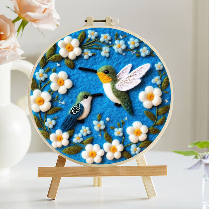 Hummingbirds Hover Among White Flowers Wool Needle Felting Painting Kit