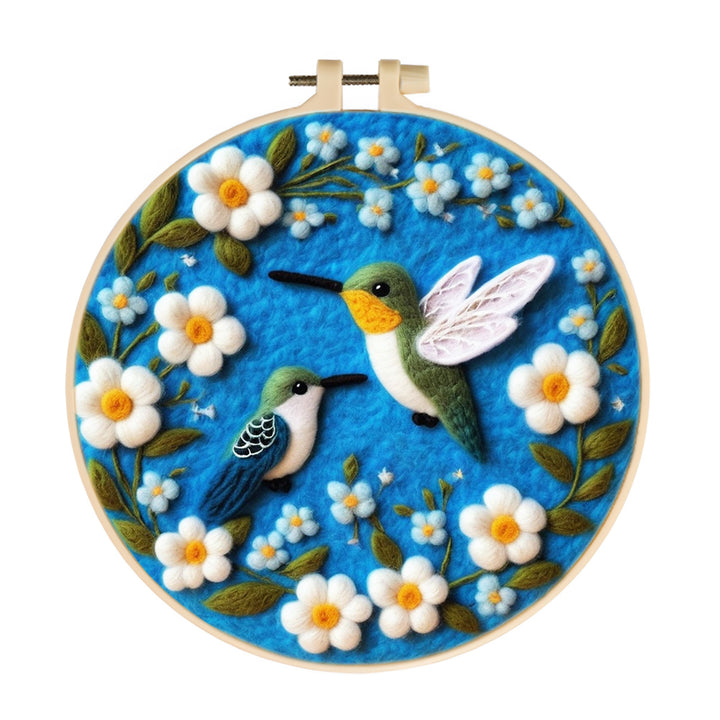 Hummingbirds Hover Among White Flowers Wool Needle Felting Painting Kit
