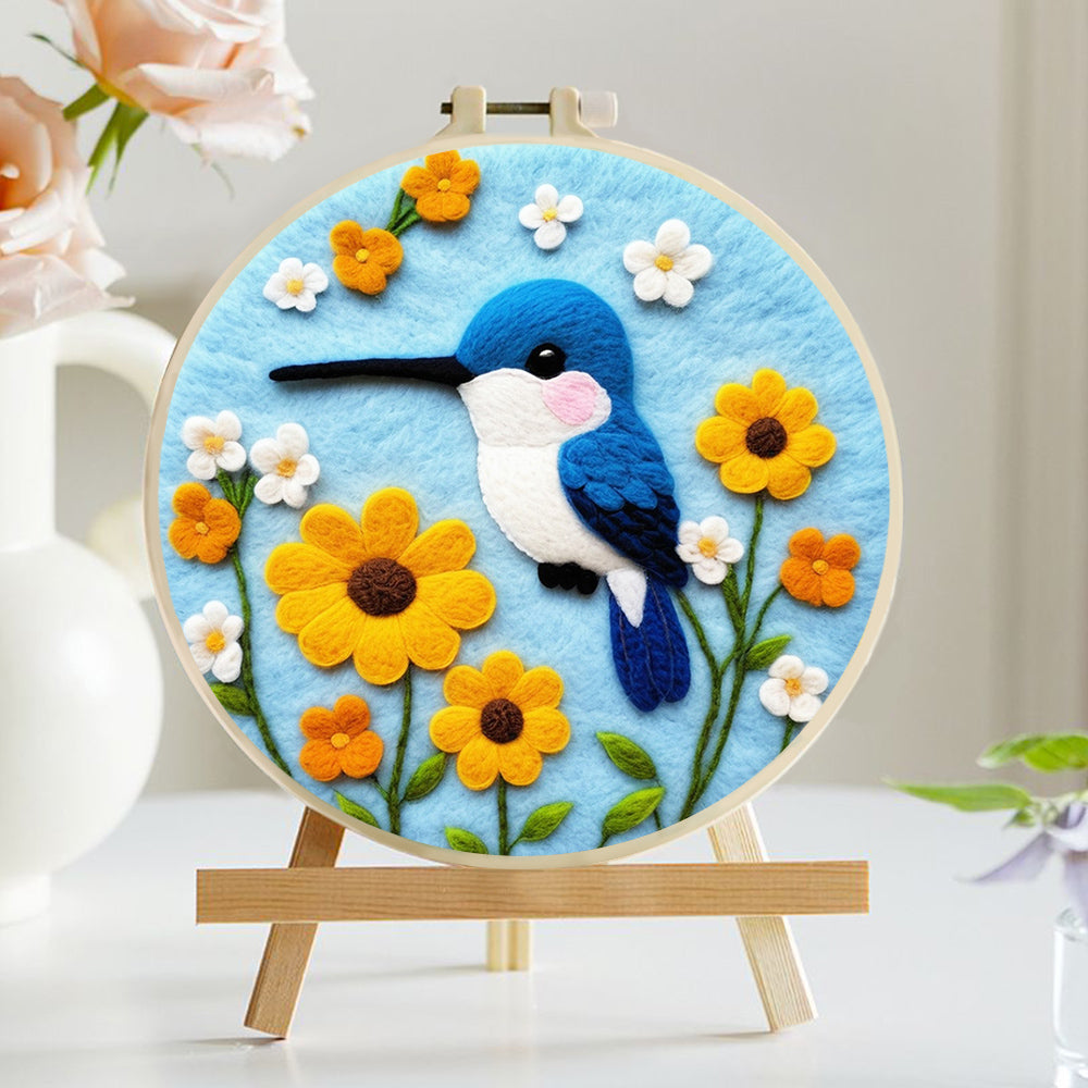 Blue Bird Hovering Soft Flowers Wool Needle Felting Painting Kit