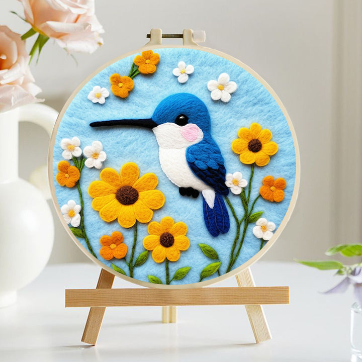 Blue Bird Hovering Soft Flowers Wool Needle Felting Painting Kit