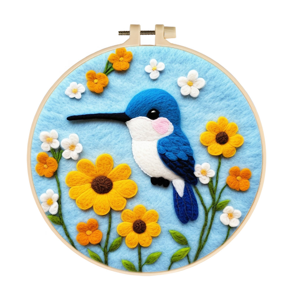 Blue Bird Hovering Soft Flowers Wool Needle Felting Painting Kit