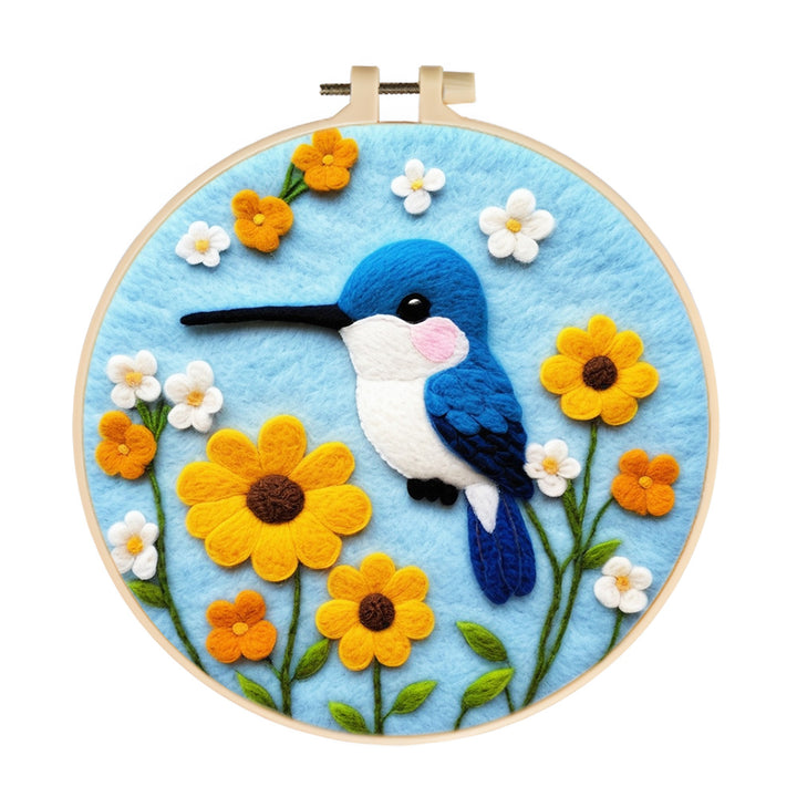 Blue Bird Hovering Soft Flowers Wool Needle Felting Painting Kit