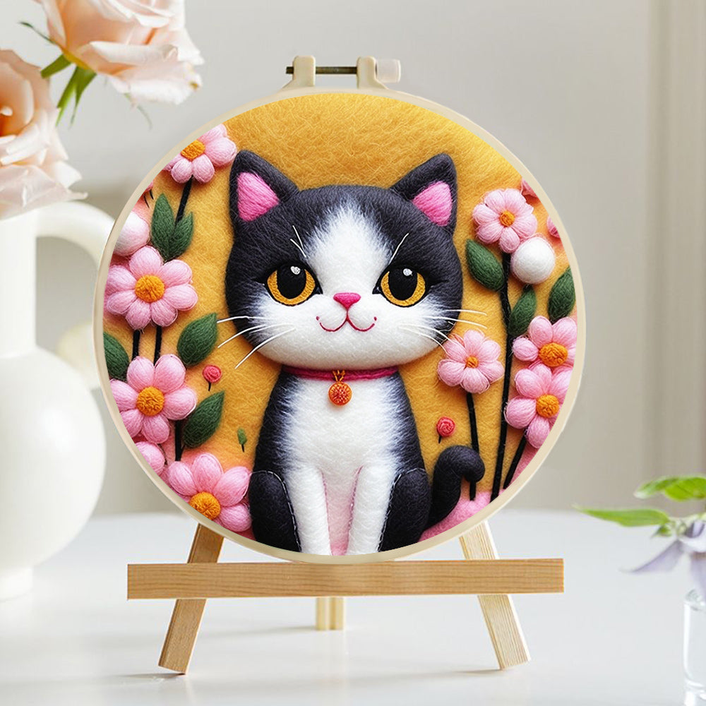Pink Flowers Framing Gentle Cat Wool Needle Felting Painting Kit