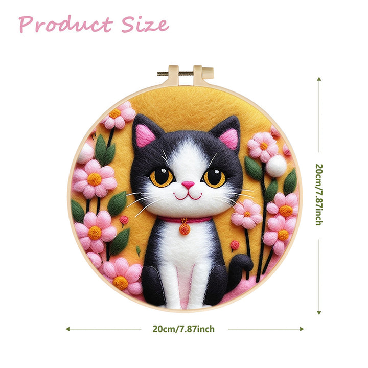 Pink Flowers Framing Gentle Cat Wool Needle Felting Painting Kit