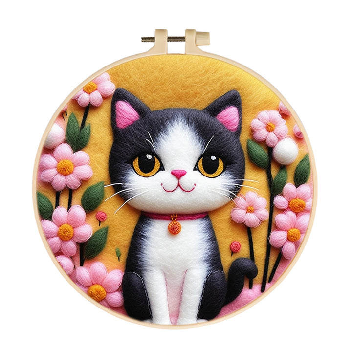 Pink Flowers Framing Gentle Cat Wool Needle Felting Painting Kit