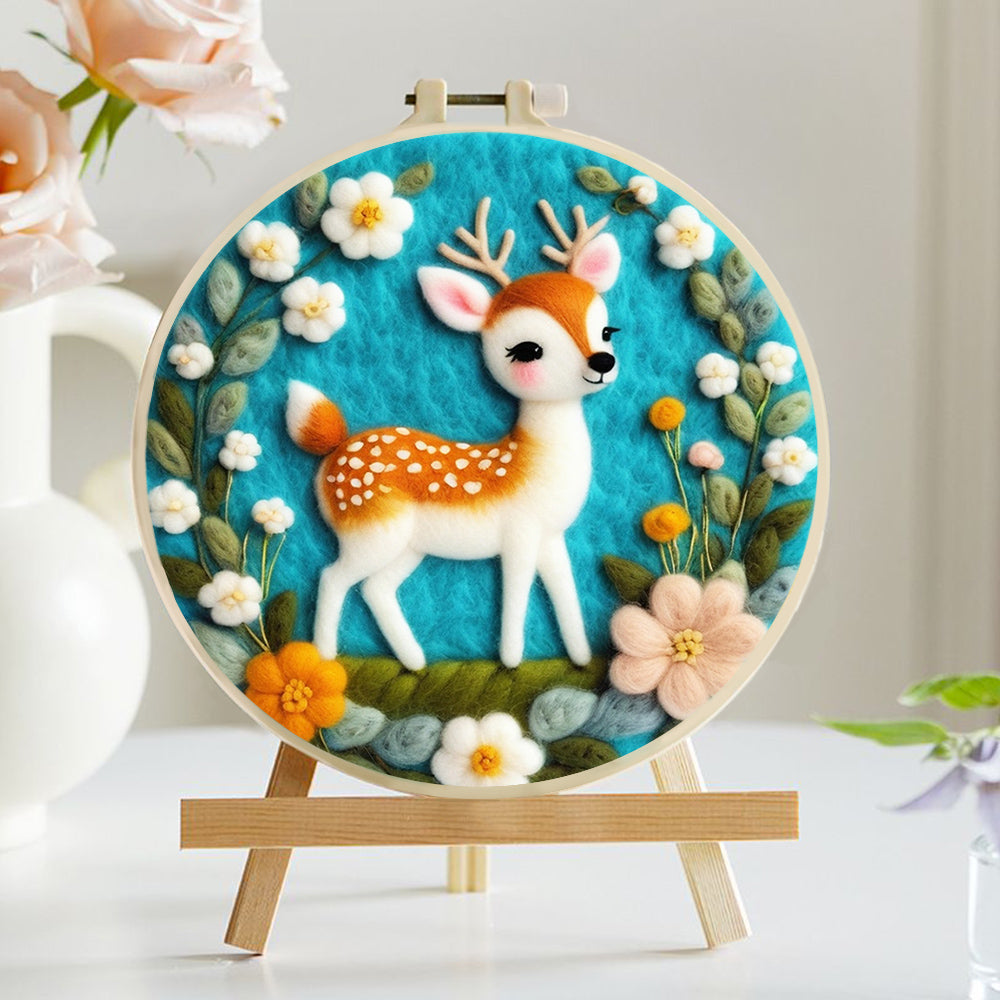 Deer Pausing Among Spring Flowers Wool Needle Felting Painting Kit