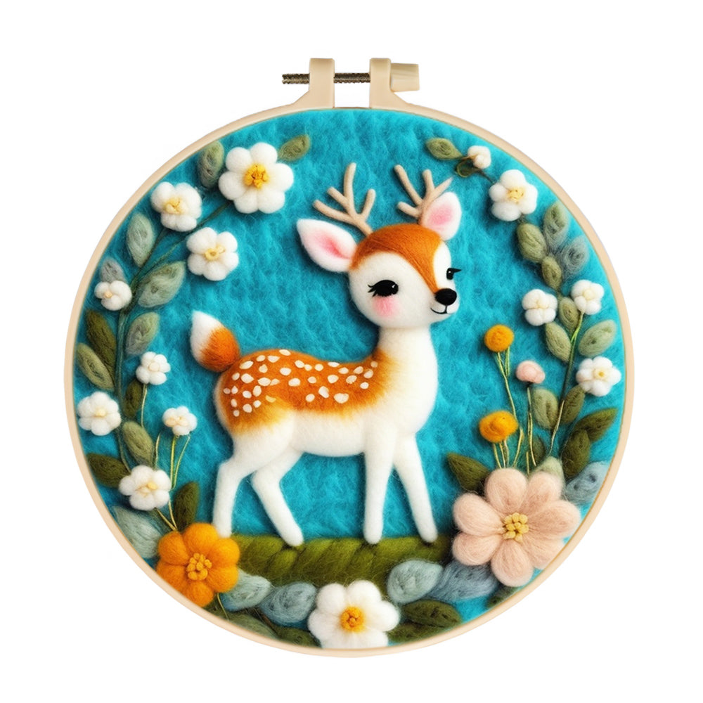 Deer Pausing Among Spring Flowers Wool Needle Felting Painting Kit