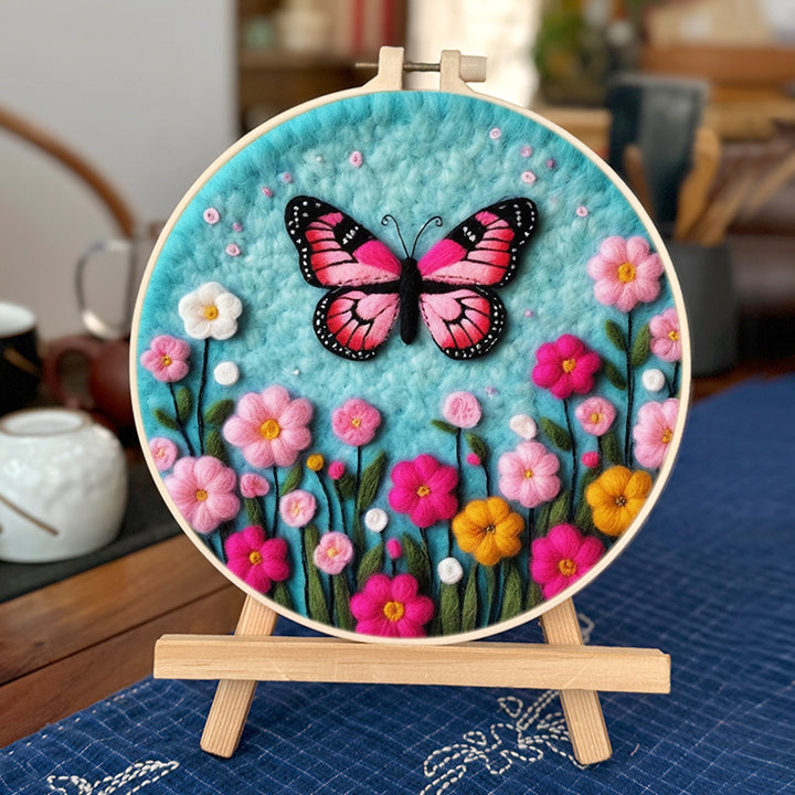 A Black-Red Butterfly and Colorful Flowers Wool Needle Felting Painting Kit