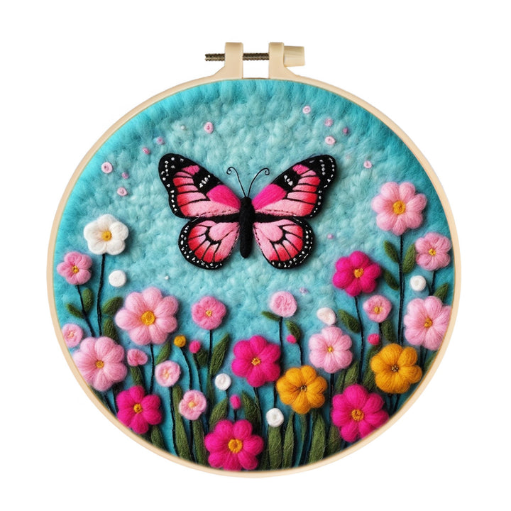 A Black-Red Butterfly and Colorful Flowers Wool Needle Felting Painting Kit