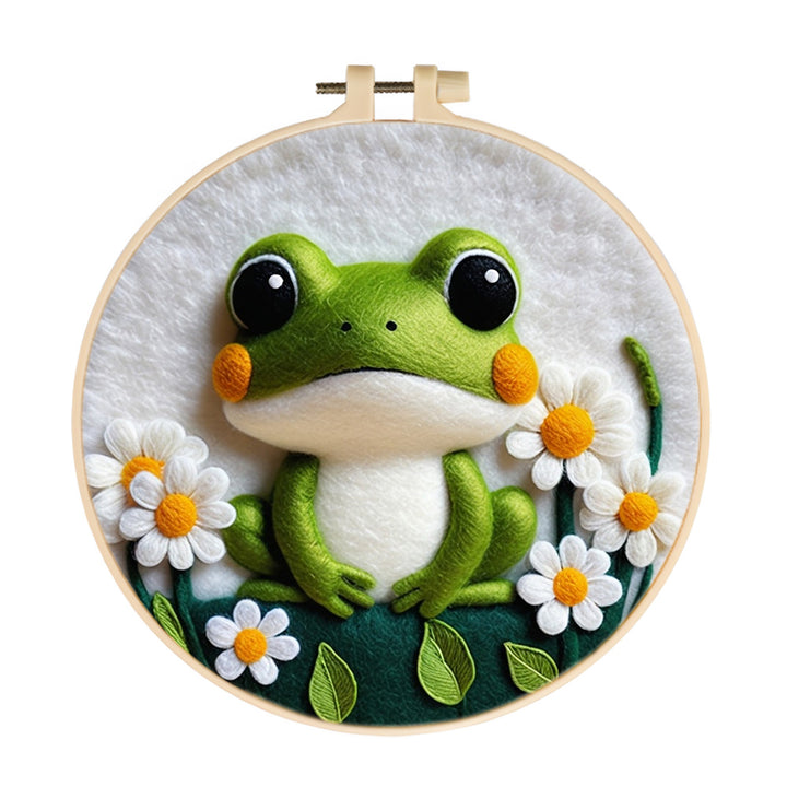 Green Frog Sitting Calmly Wool Needle Felting Painting Kit