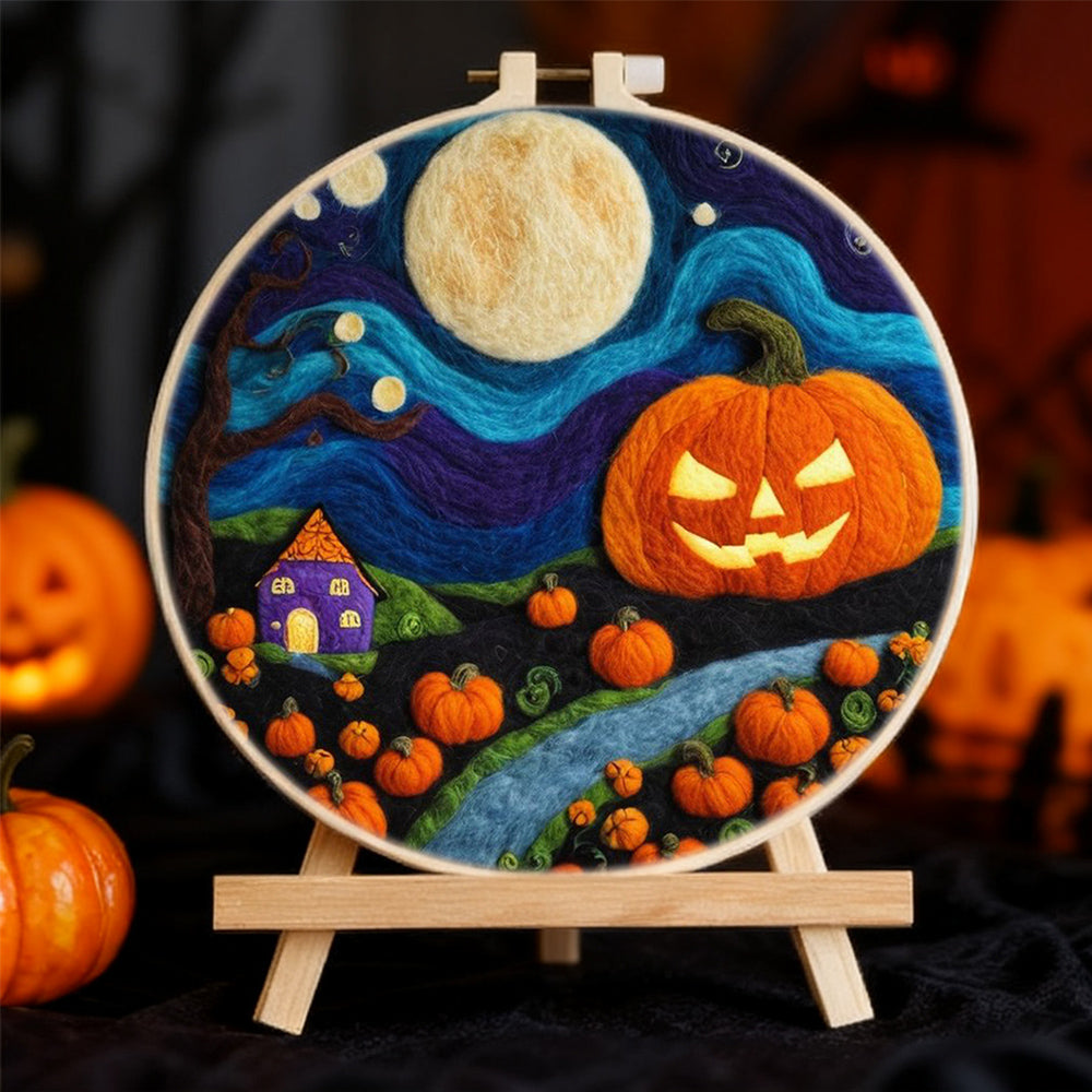 Halloween Pumpkins Under Full Moon Wool Needle Felting Painting Kit